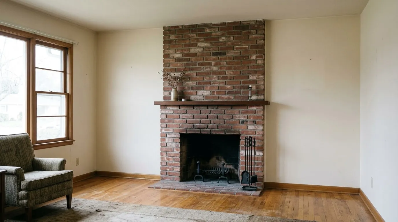 A brick firebox and low mantel inside a single-story Pleasant Hill ranch home, afternoon light through the front window