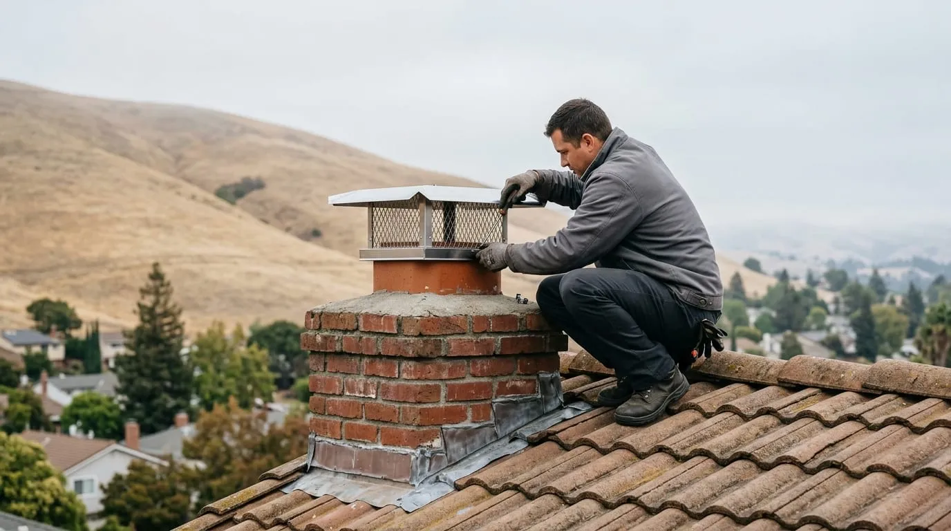A technician fitting a new stainless steel chimney cap with spark-arrestor mesh on a tile-roofed Concord home, dry hillside visible in the background