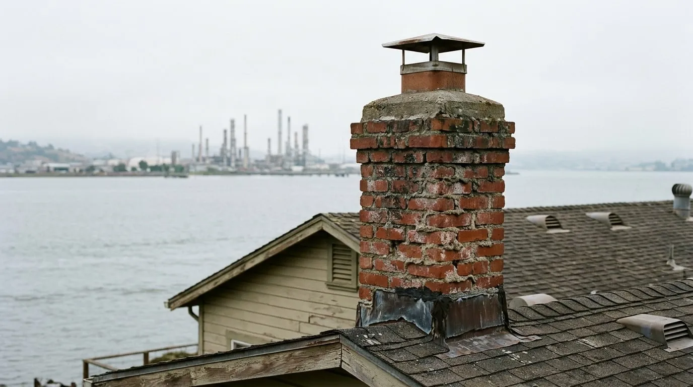 A weathered brick chimney stack on a Martinez waterfront home with refinery stacks visible across the Carquinez Strait in the background