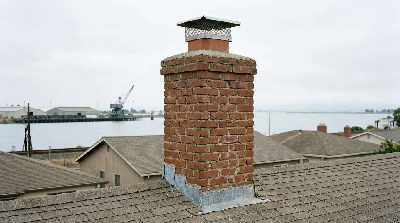 A weathered brick chimney stack on an older Pittsburg home with Delta marine-layer haze visible over the water in the background