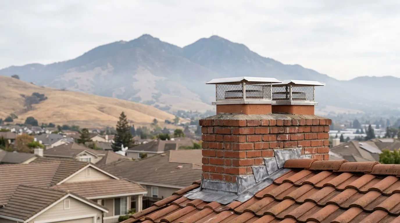 Two new stainless spark-arrestor caps fitted on a tile-roofed chimney above a Diablo Valley rooftop, Mount Diablo visible in the haze behind