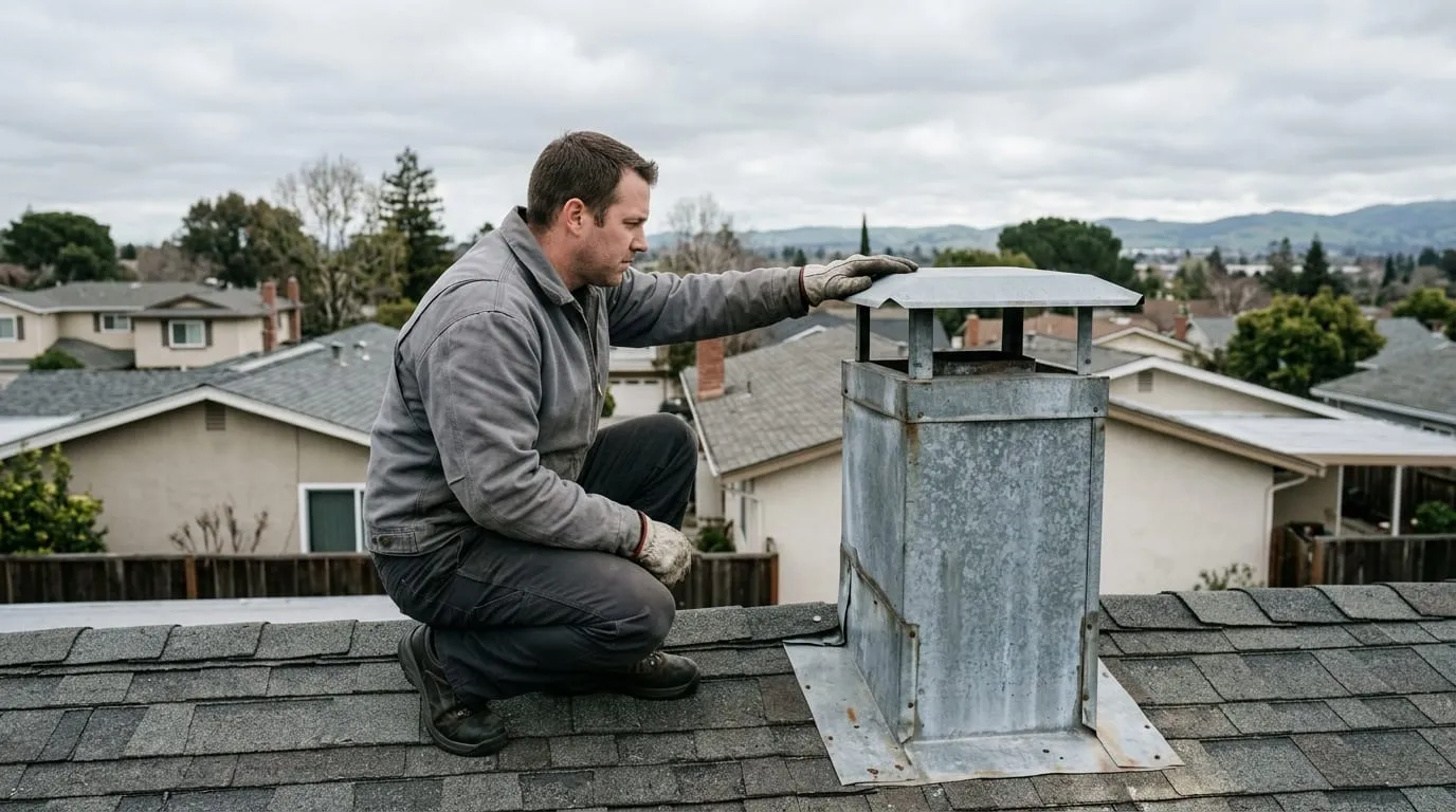 A technician checking the metal chase and cap of a factory-built chimney on a 1970s tract home roofline in Contra Costa County