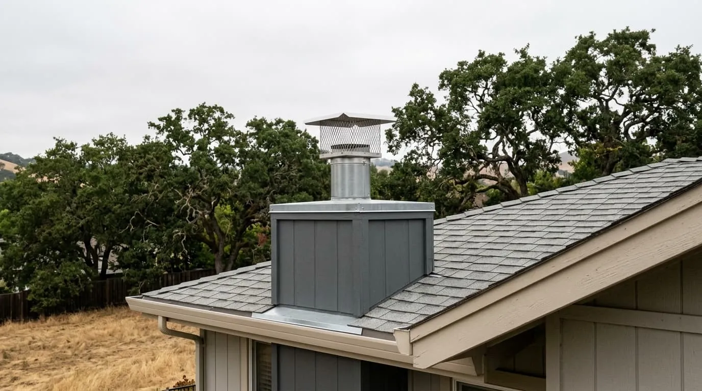 A newly installed chimney cap on a modern San Ramon tract home, mature oak trees along the property line
