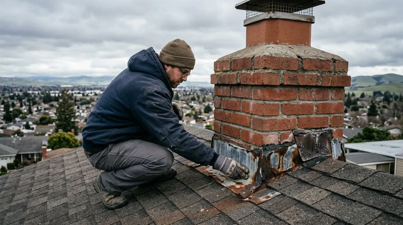 A technician inspecting a corroded metal flashing seam where a chimney meets a shingle roof on an Antioch-area home