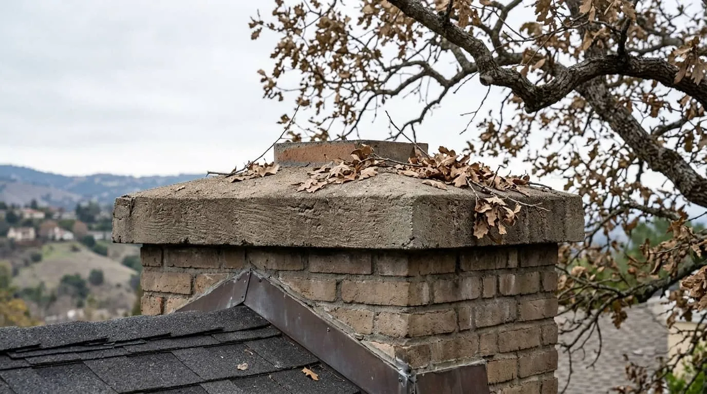Dry oak leaves and debris built up on a chimney crown on a hillside Danville home, mature oak trees overhead