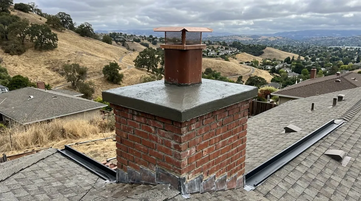 A newly poured chimney crown, sloped to shed water, its drip edge overhanging the brickwork below, photographed from the roofline