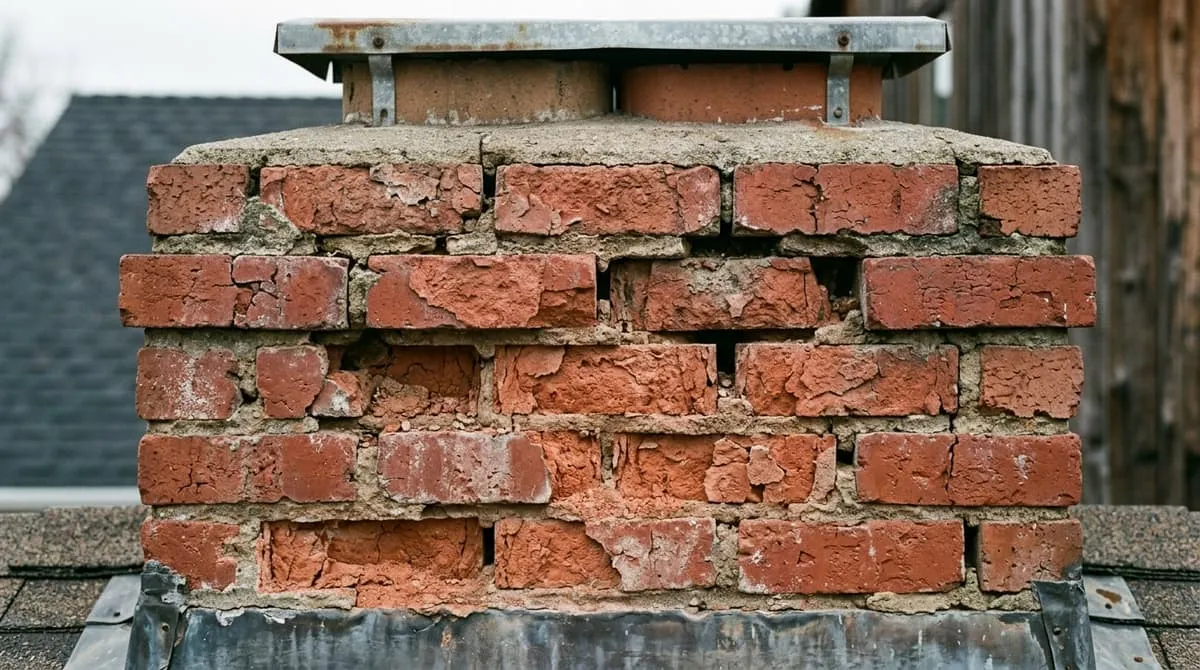 Flaking brick faces and open mortar joints on an older Antioch Rivertown chimney, close detail