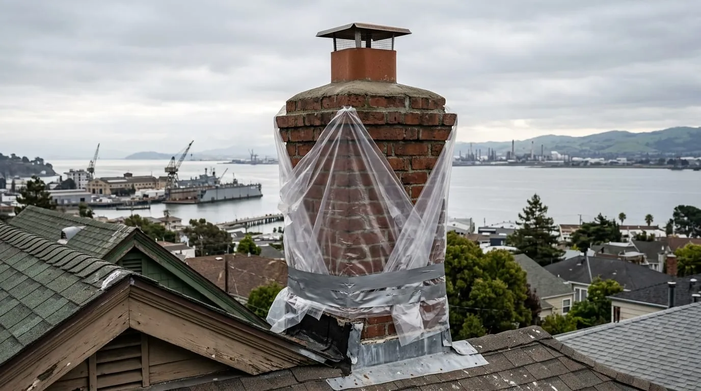 A chimney stack on an older Vallejo home wrapped in protective sheeting during repair work, Carquinez Strait waterfront visible below