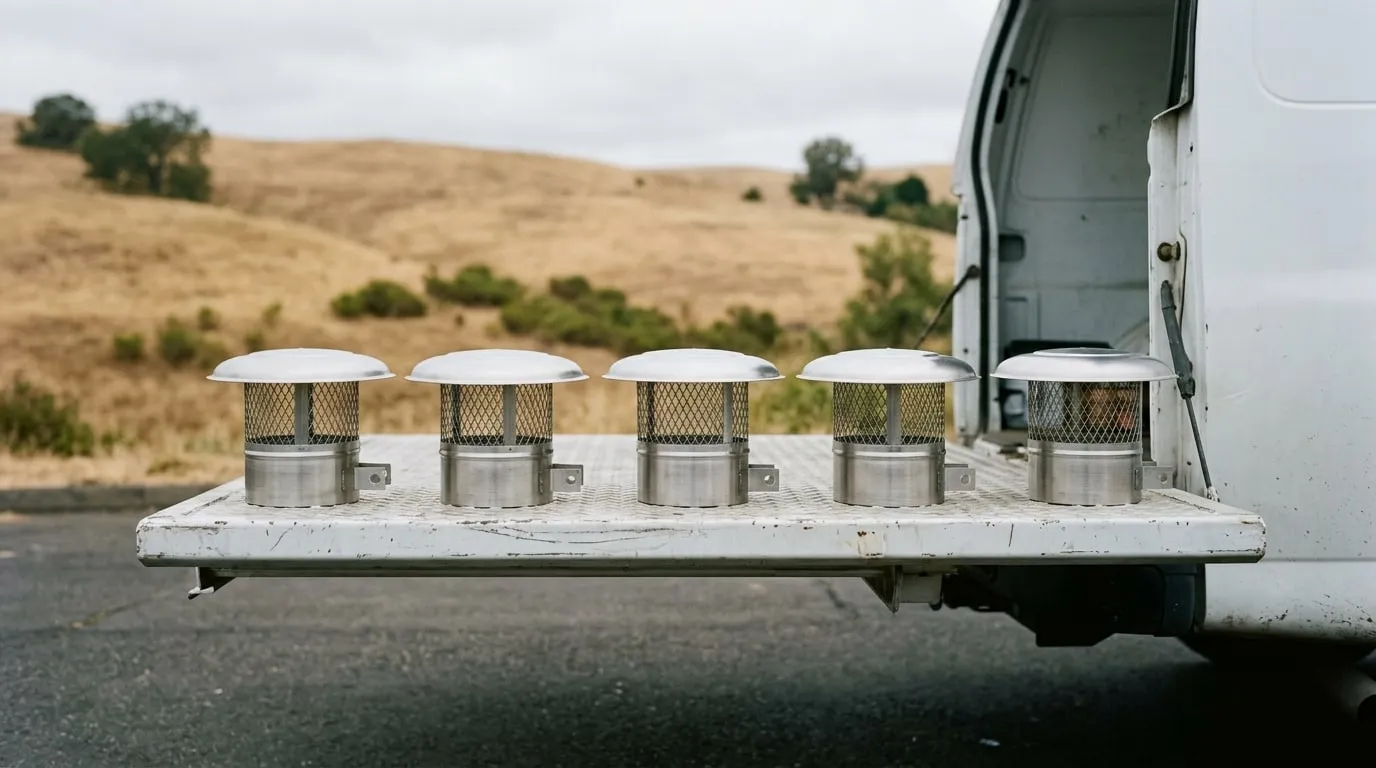 A row of stainless chimney caps with their spark-arrestor screens fitted, staged on a tailgate before the crew heads up to the roof