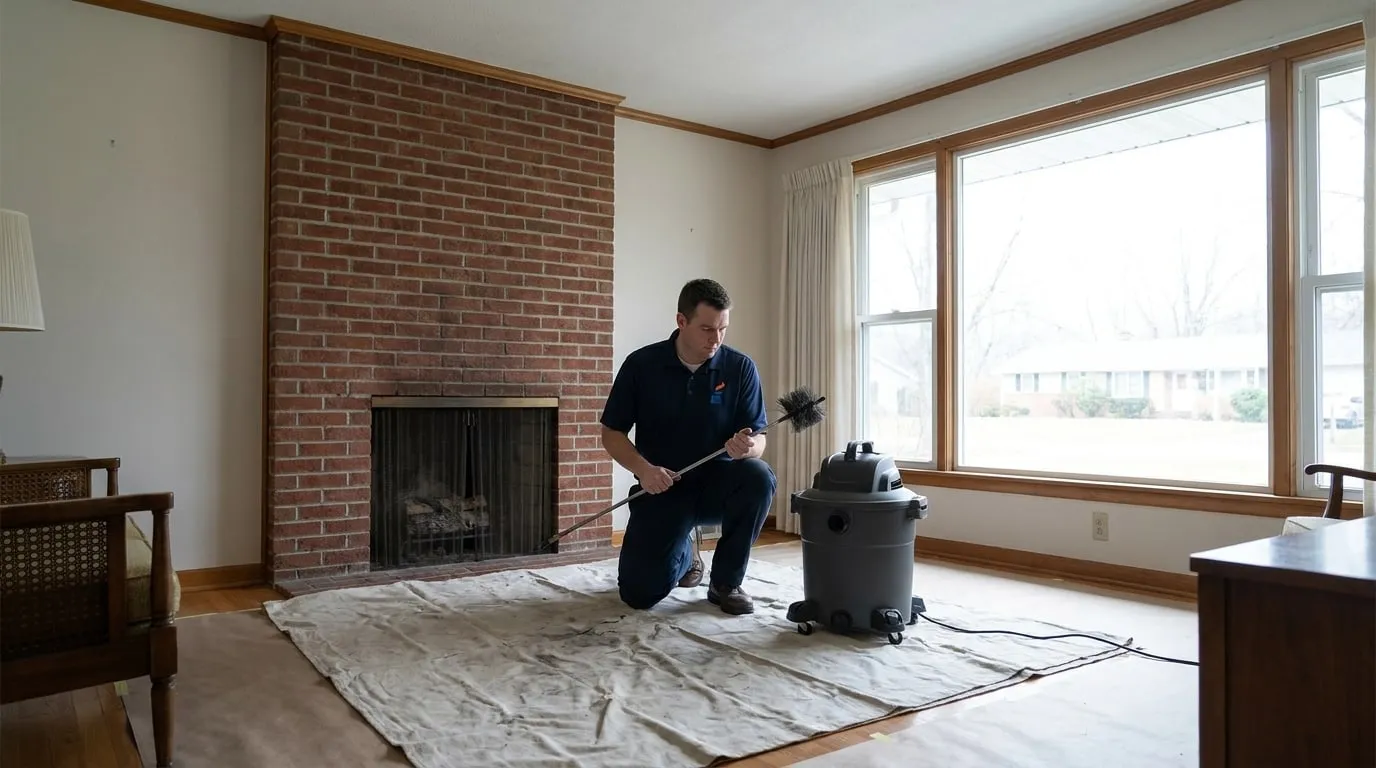 A crew member protecting the hearth of a 1950s Concord ranch home before opening the firebox, drop cloths already down across the living-room floor