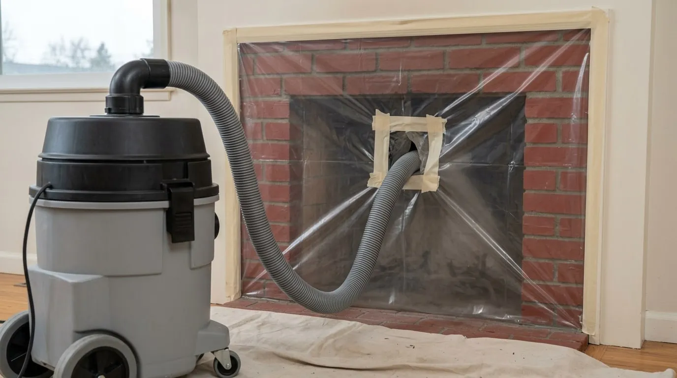 A HEPA-filtered extraction hose held tight against a firebox opening while loosened creosote is pulled out rather than left to fall