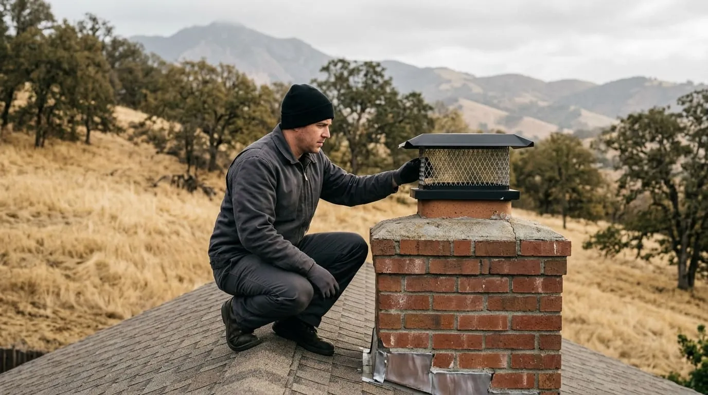 A hillside home near open grassland close to Mount Diablo, with a technician checking a chimney cap against dry vegetation in the background